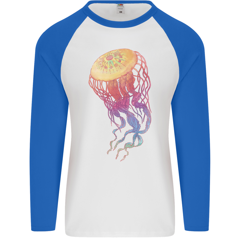 Colourful Jellyfish Ocean Life Mens L/S Baseball T-Shirt White/Royal Blue