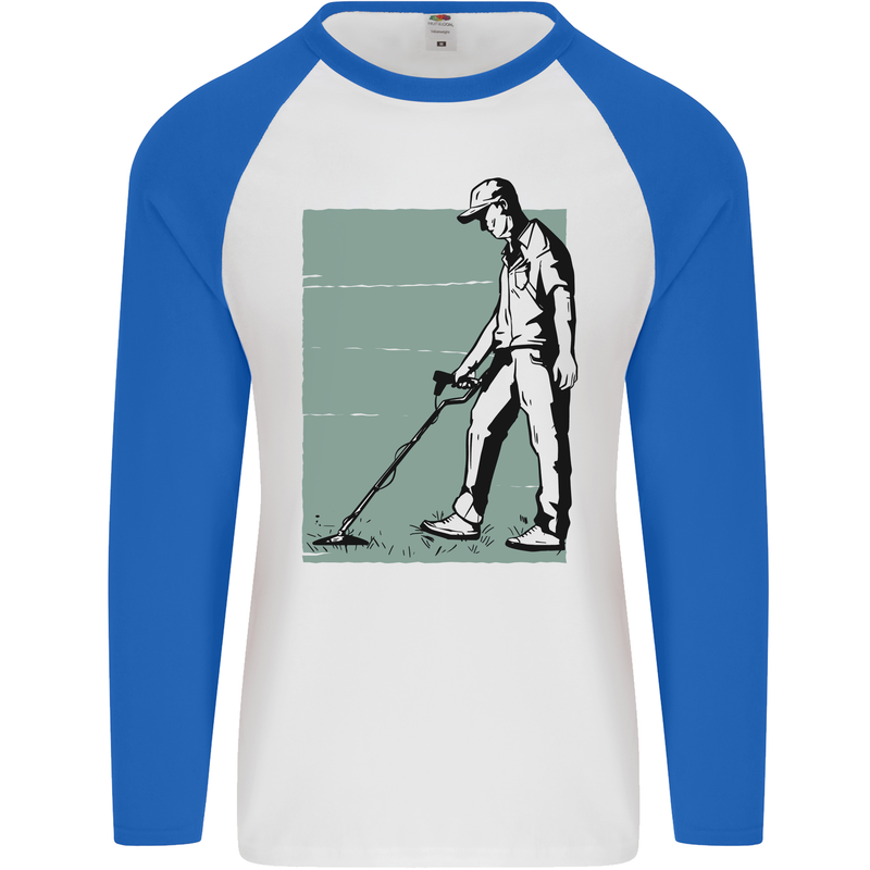 A Man Metal Detecting Detector Detect Mens L/S Baseball T-Shirt White/Royal Blue