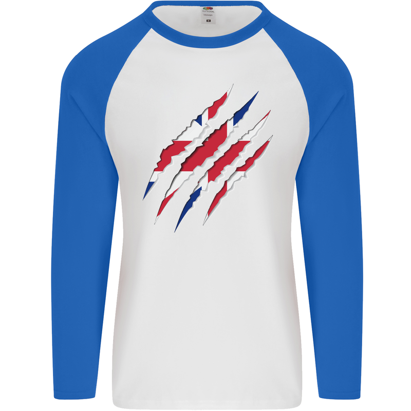 Gym The Union Jack Flag Claw Effect UK Mens L/S Baseball T-Shirt White/Royal Blue