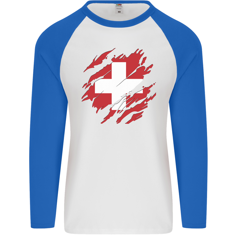 Torn Switzerland Flag Swiss Day Football Mens L/S Baseball T-Shirt White/Royal Blue