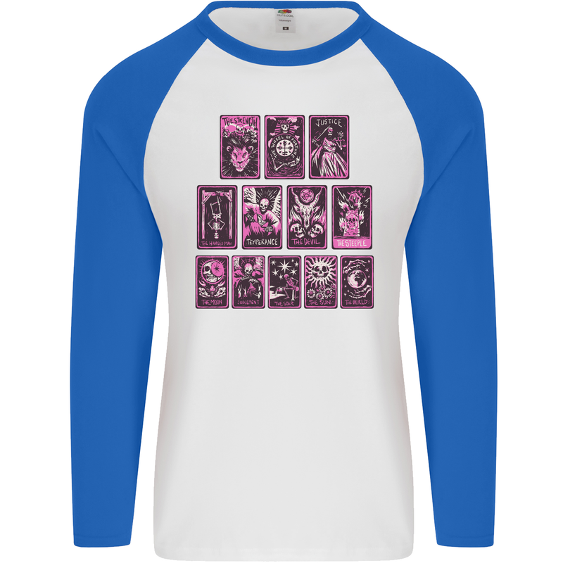Tarot Cards Fortune Teller Skulls Mens L/S Baseball T-Shirt White/Royal Blue