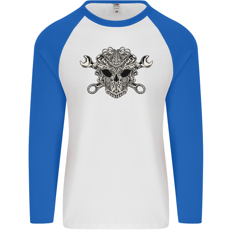 Mechanic Engine Skull Mens L/S Baseball T-Shirt White/Royal Blue