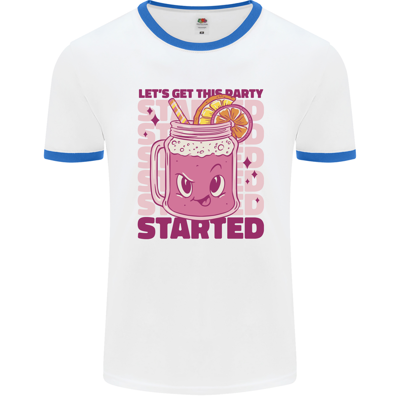 Party Started Alcohol Beer Hen Doo Stag Do Mens Ringer T-Shirt White/Royal Blue