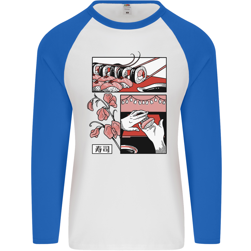 Sushi Mens L/S Baseball T-Shirt White/Royal Blue