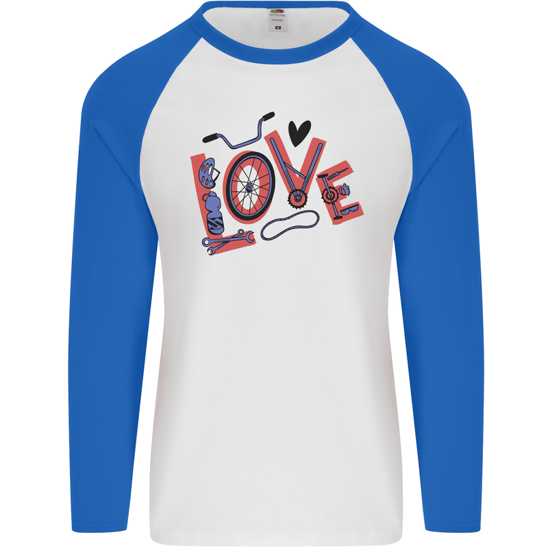 Love Cycling Funny Bicycle Bike Mens L/S Baseball T-Shirt White/Royal Blue