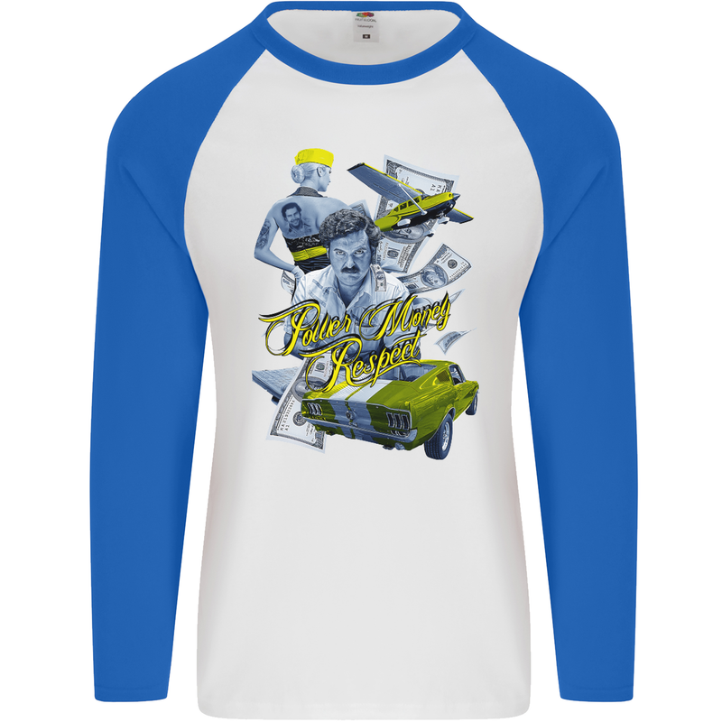 Pablo Escobar Power Money Respect Mens L/S Baseball T-Shirt White/Royal Blue