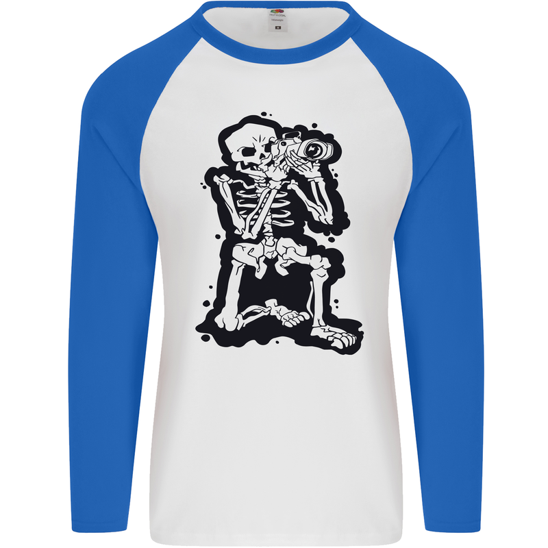 A Skeleton Photographer Photography Mens L/S Baseball T-Shirt White/Royal Blue