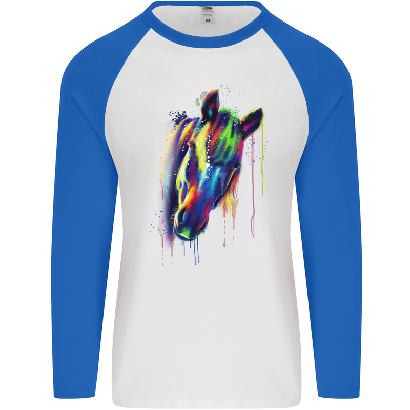 Watercolour Horse Mens L/S Baseball T-Shirt White/Royal Blue