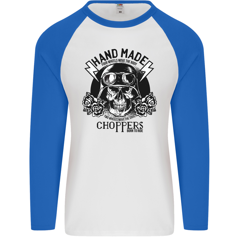 Handmade Choppers Biker Motorcycle Bike Mens L/S Baseball T-Shirt White/Royal Blue