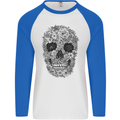 A Skull Made of Flowers Gothic Rock Biker Mens L/S Baseball T-Shirt White/Royal Blue