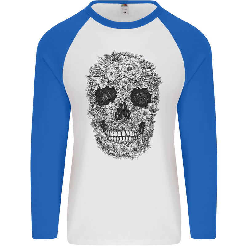 A Skull Made of Flowers Gothic Rock Biker Mens L/S Baseball T-Shirt White/Royal Blue