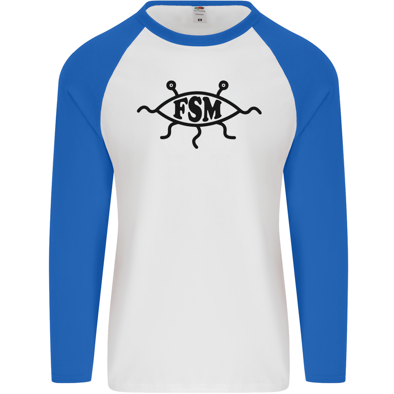 FSM Church Flying Spagetti Monster Atheist Mens L/S Baseball T-Shirt White/Royal Blue