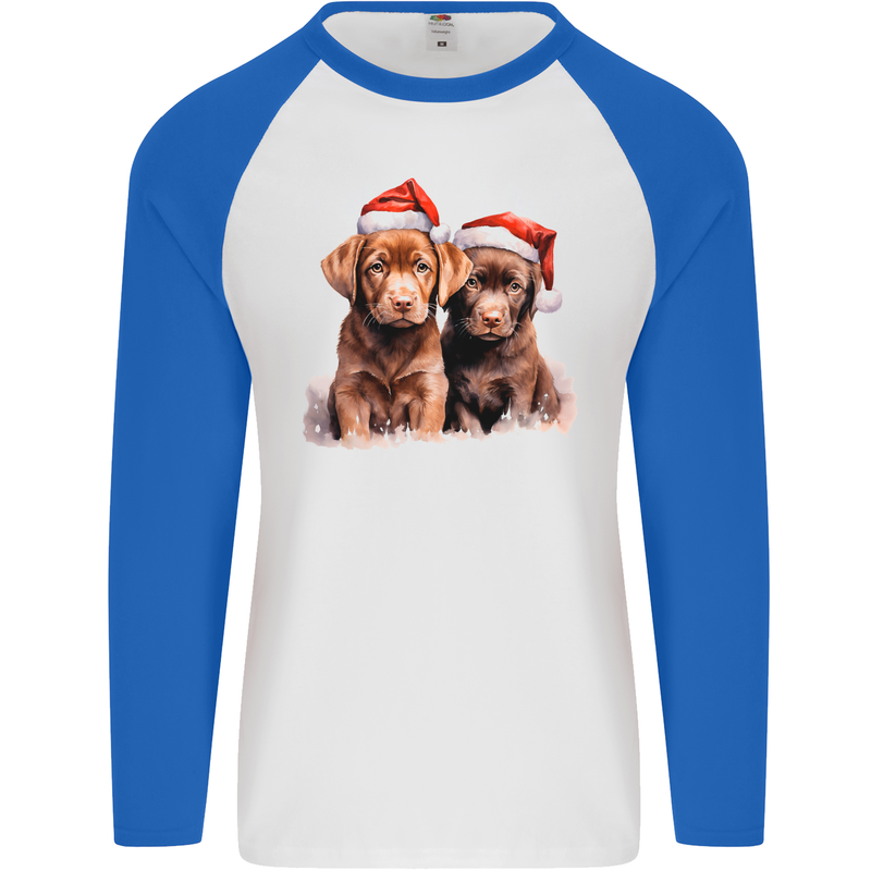 Chocolate Labrador Christmas Puppies Xmas Mens L/S Baseball T-Shirt White/Royal Blue