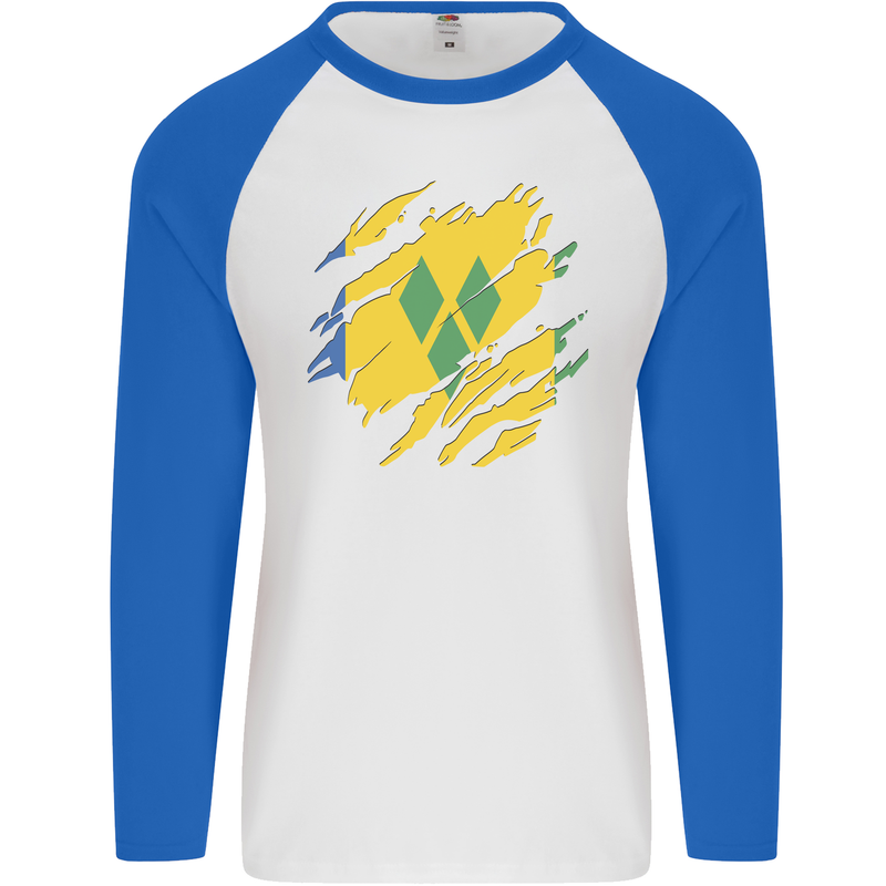 Torn Saint Vincent and Grenadines Flag Football Mens L/S Baseball T-Shirt White/Royal Blue