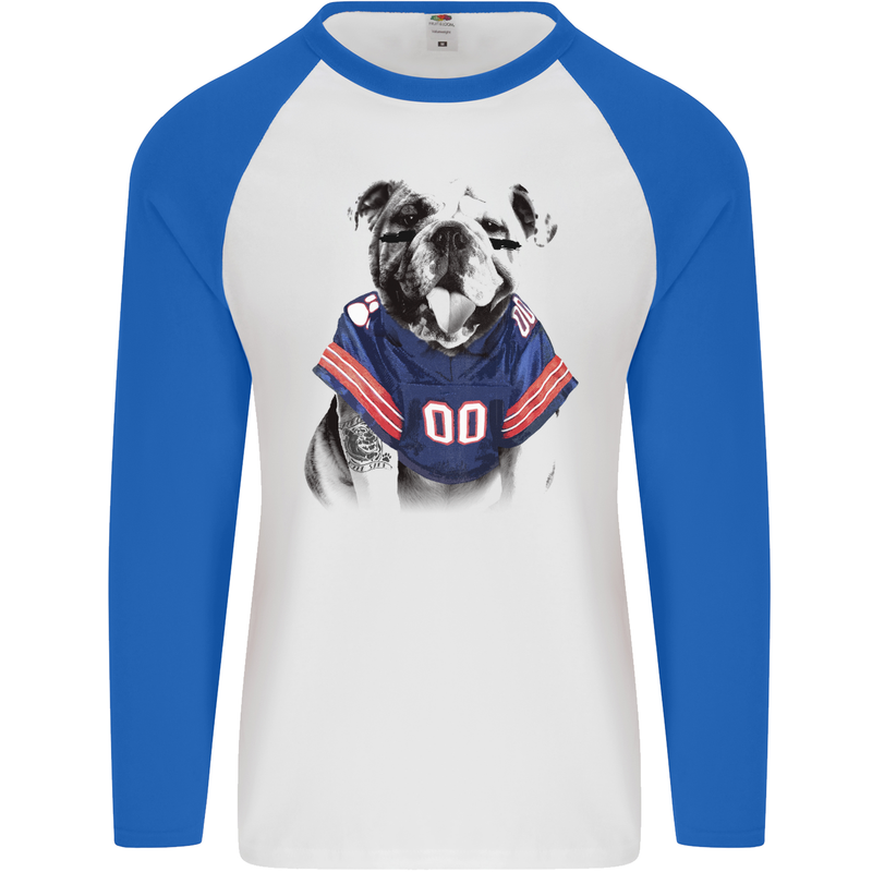 American Football Bulldog With Tattoos Mens L/S Baseball T-Shirt White/Royal Blue