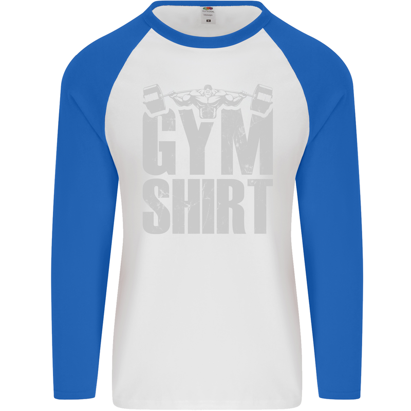 Gym Training Top Bodybuilding Weightlifting Mens L/S Baseball T-Shirt White/Royal Blue