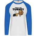 Thanksgiving Christmas Turkey Cat Mens L/S Baseball T-Shirt White/Royal Blue