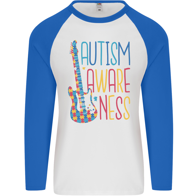 Autism Awareness Guitar Guitarist Mens L/S Baseball T-Shirt White/Royal Blue