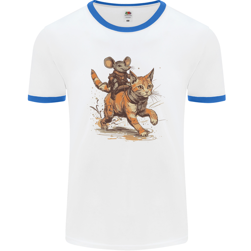 Cat and Mouse Winter Fun Mens Ringer T-Shirt White/Royal Blue