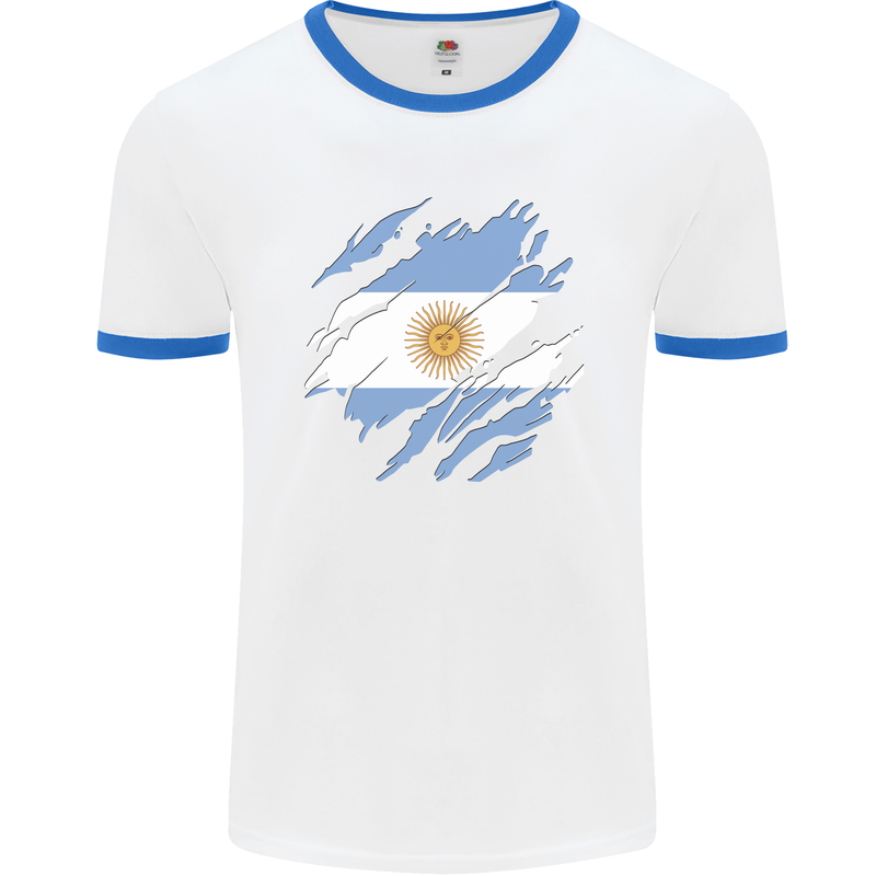 Torn Argentina Flag Argentinian Day Football Mens Ringer T-Shirt White/Royal Blue