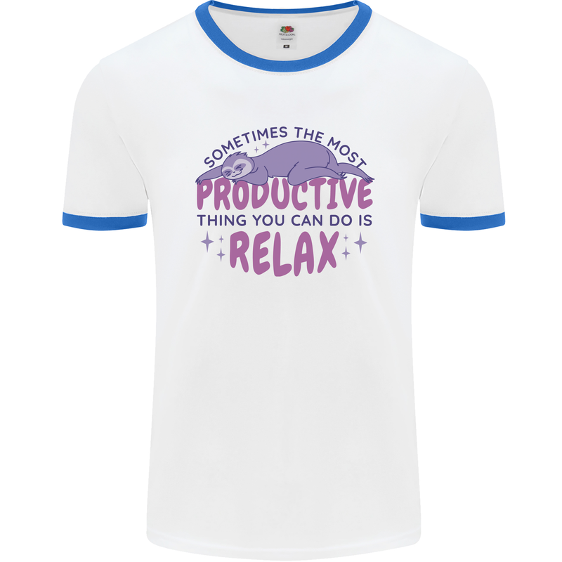 Funny Relaxing Sloth Mens Ringer T-Shirt White/Royal Blue