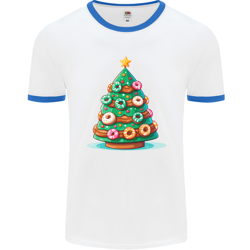 Donut Christmas Tree Funny Xmas Food Mens Ringer T-Shirt White/Royal Blue