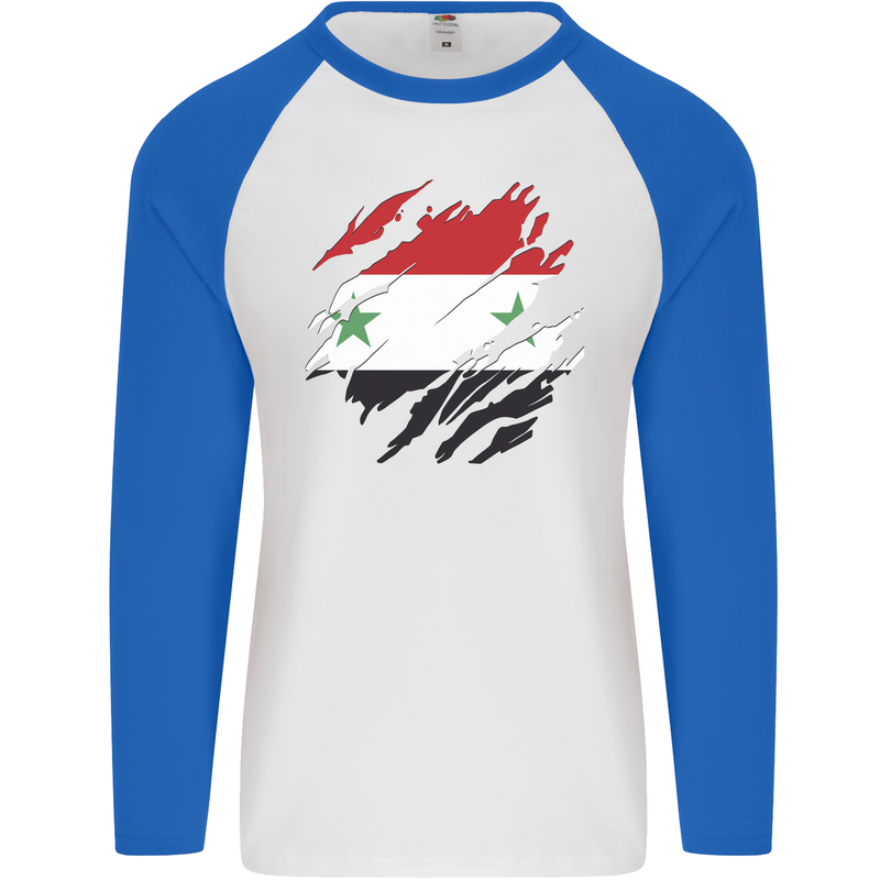 Torn Syria Flag Syrian Day Football Mens L/S Baseball T-Shirt White/Royal Blue