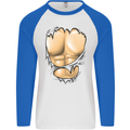 Gym Ripped Muscles Effect Mens L/S Baseball T-Shirt White/Royal Blue