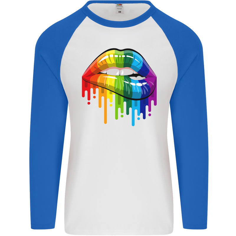 LGBT Bitten Rainbow Lip Gay Pride Day Mens L/S Baseball T-Shirt White/Royal Blue