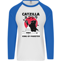 Catzilla Funny Cat Parody Mens L/S Baseball T-Shirt White/Royal Blue