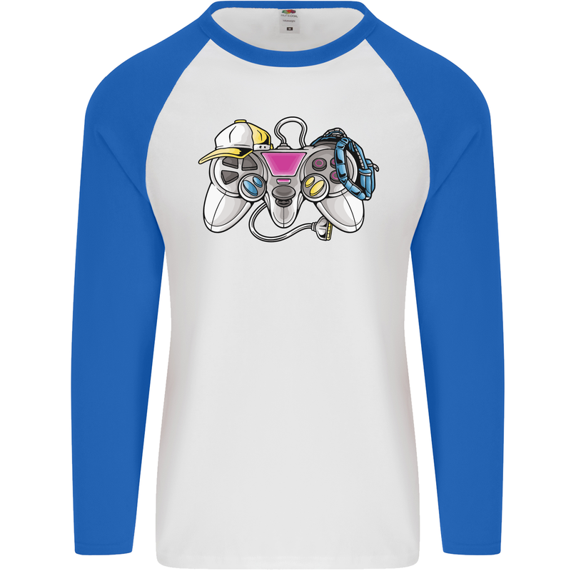 A Video Game Console Controller Mens L/S Baseball T-Shirt White/Royal Blue