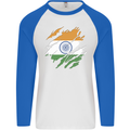 Torn India Flag Indian Day Football Mens L/S Baseball T-Shirt White/Royal Blue