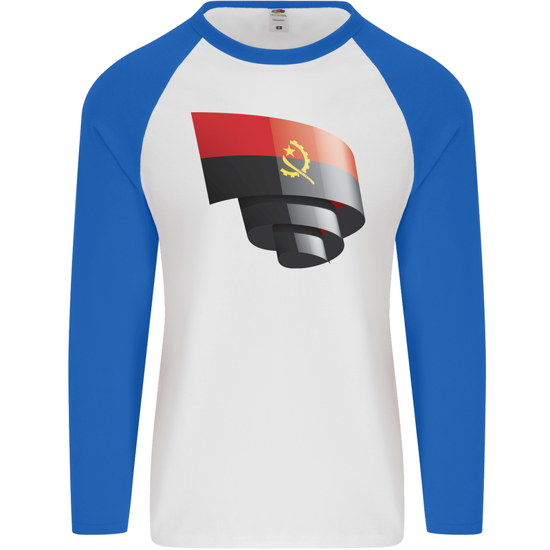 Curled Angola Flag Angolan Day Football Mens L/S Baseball T-Shirt White/Royal Blue