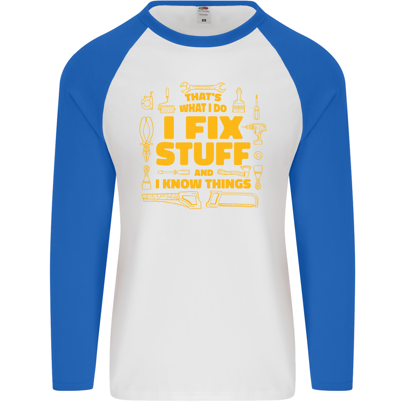 I Fix Stuff Funny Carpenter DIY Tradesman Mens L/S Baseball T-Shirt White/Royal Blue