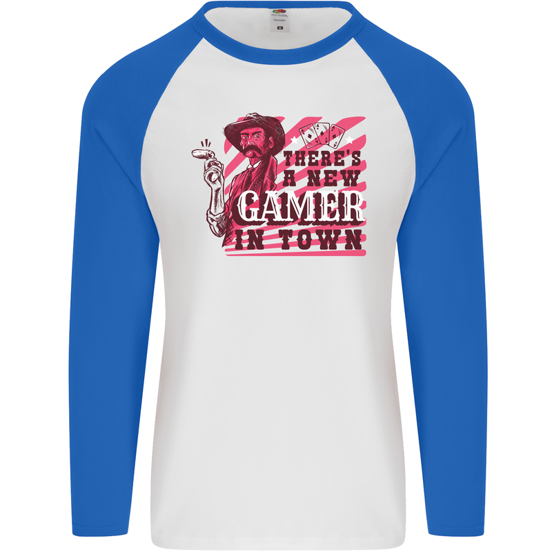 There's a New Gamer in Town Gaming Mens L/S Baseball T-Shirt White/Royal Blue