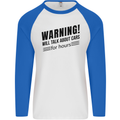 Warning Will Talk About Cars Mens L/S Baseball T-Shirt White/Royal Blue