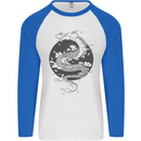 Japanese Fantasy Dragon Sun Background Mens L/S Baseball T-Shirt White/Royal Blue