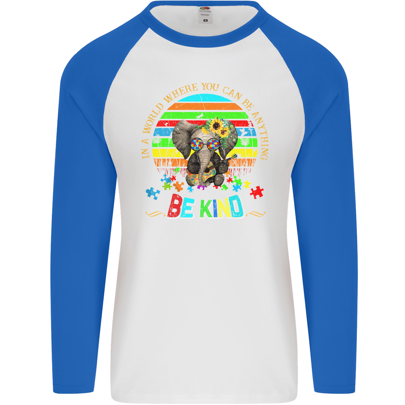 Autism Be Kind Elephant Autistic Mens L/S Baseball T-Shirt White/Royal Blue