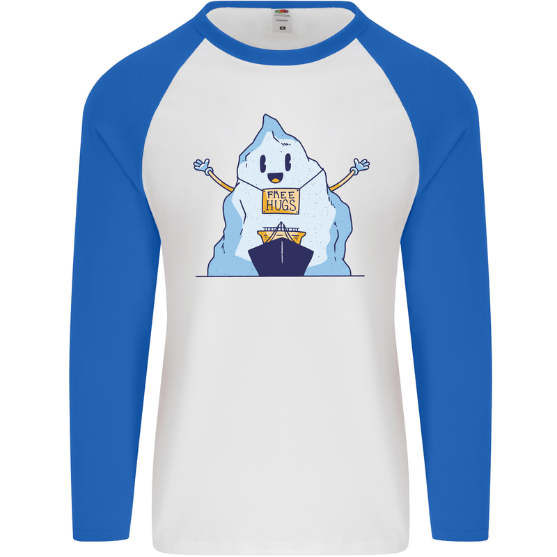 Free Hugs Iceberg and Ship Environment Mens L/S Baseball T-Shirt White/Royal Blue