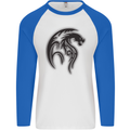 Black Tribal Tattoo Style Dragon Mens L/S Baseball T-Shirt White/Royal Blue