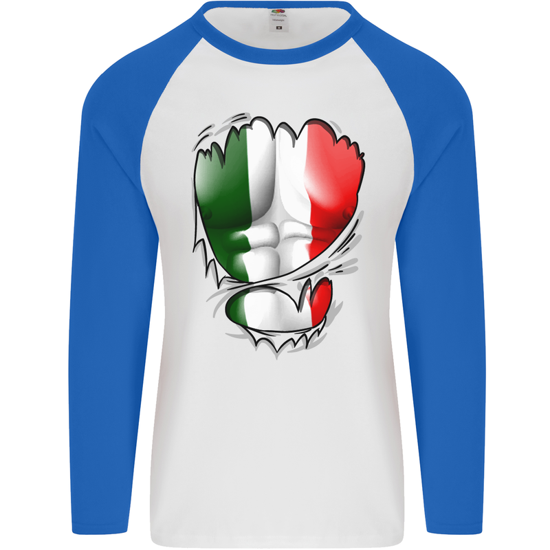 Gym Italian Flag Ripped Muscles Italy Mens L/S Baseball T-Shirt White/Royal Blue