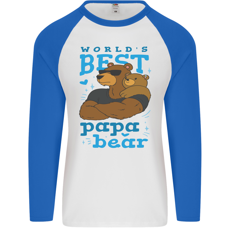 Worlds Best Papa Bear Fathers Day Mens L/S Baseball T-Shirt White/Royal Blue