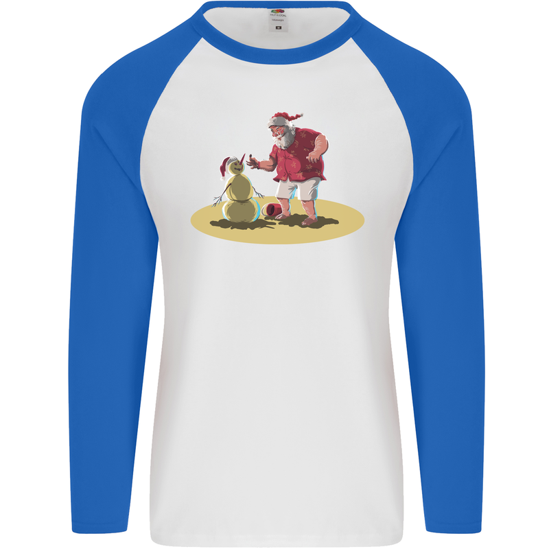 Christmas Beach Santa Clause & Snowman Mens L/S Baseball T-Shirt White/Royal Blue