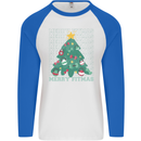 Fitness Merry Fitmas Christmas Tree Gym Mens L/S Baseball T-Shirt White/Royal Blue