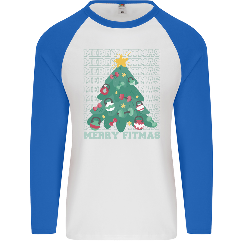 Fitness Merry Fitmas Christmas Tree Gym Mens L/S Baseball T-Shirt White/Royal Blue
