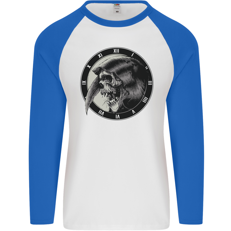 Grim Reaper Clock Skull Biker Gothic Demon Mens L/S Baseball T-Shirt White/Royal Blue