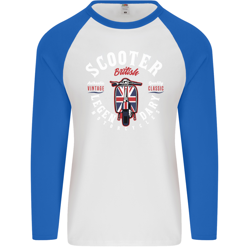 Legendary British Scooter Motorcycle MOD Mens L/S Baseball T-Shirt White/Royal Blue