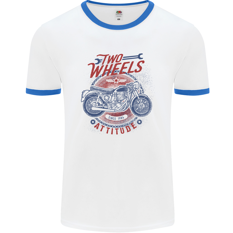 Two Wheels Attitude Motorcycle Biker Motorbike Mens Ringer T-Shirt White/Royal Blue