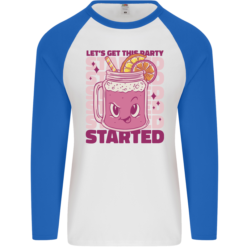 Party Started Alcohol Beer Hen Doo Stag Do Mens L/S Baseball T-Shirt White/Royal Blue