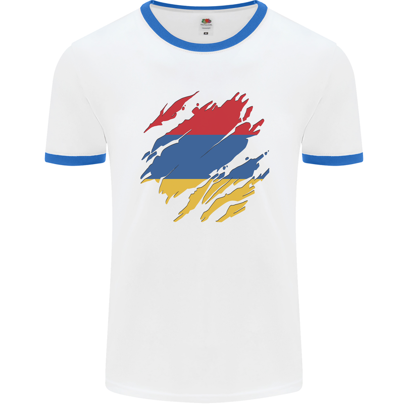 Torn Armenia Flag Armenian Day Football Mens Ringer T-Shirt White/Royal Blue